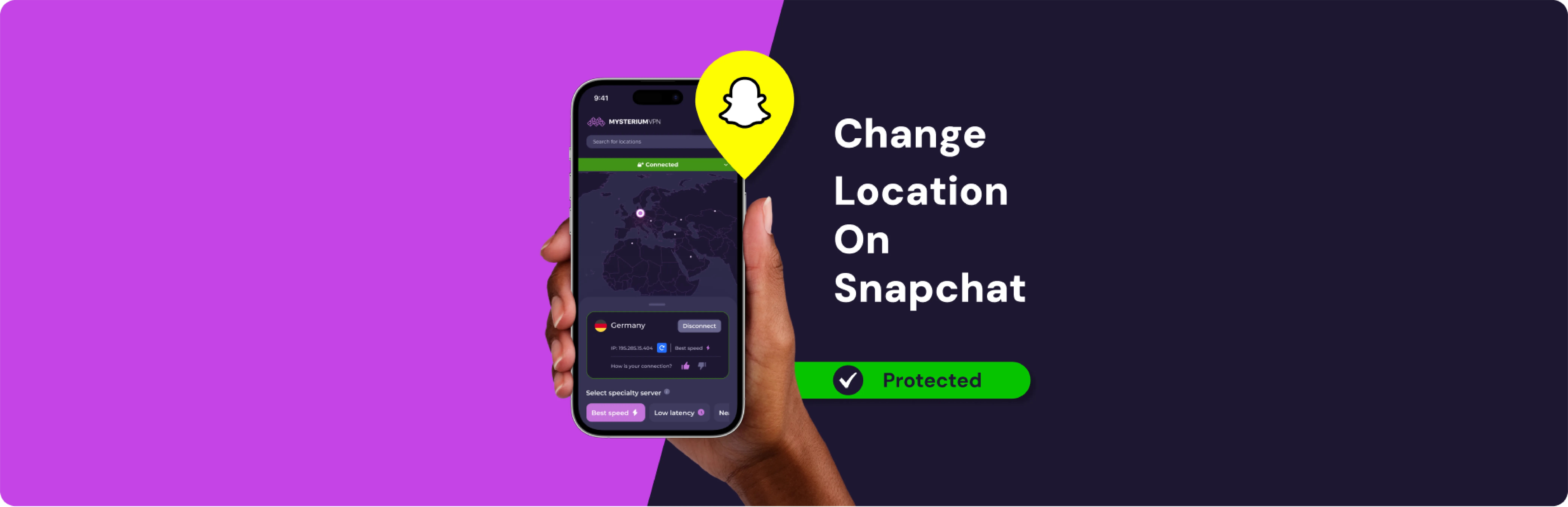 A hand holding a smartphone with the Mysterium VPN app connected to a German server. A yellow Snapchat location pin icon hovers above the phone, with the text "Change Location On Snapchat" and a green "Protected" badge displayed on the right.